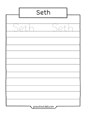 Free name tracing practice sheet for preschool children Seth