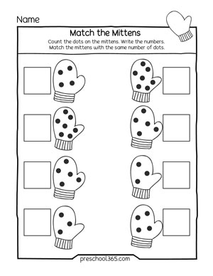 Mitten match snow theme activity worksheet for preschool kids
