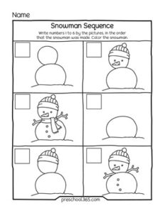 Snowman sequence activity sheet for homeschools