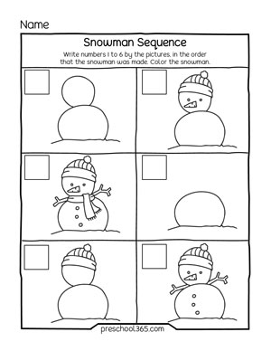 Snowman sequence activity sheet for homeschools