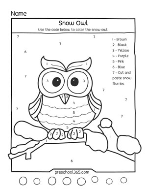 Snow owl color by number prek activity