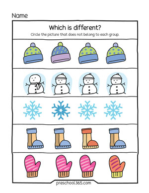 Snow and winter which is different worksheets
