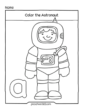 Astronaut coloring activity sheets for preK children in homeschool
