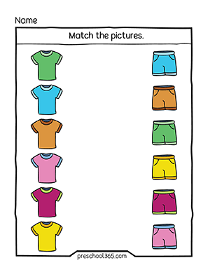 Picture matching activity sheets for preschool children