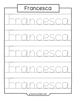 Free preschool name tracing sheet for francesca