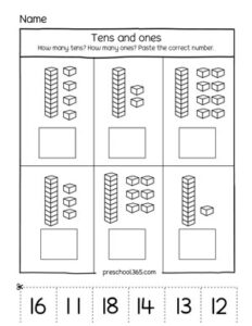 Tens and ones activity sheets for children