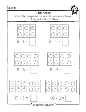 Subtraction worksheets for children in homeschool