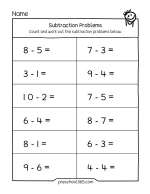 Free subtraction test Kindergarten Activity worksheets