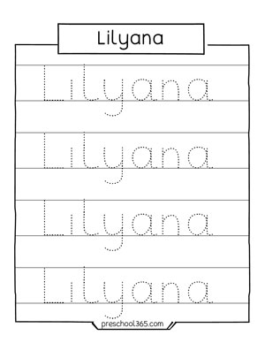 Lilyana Name tracing sheet