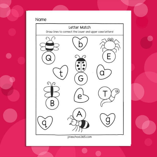 Preschool valentines day matching worksheet