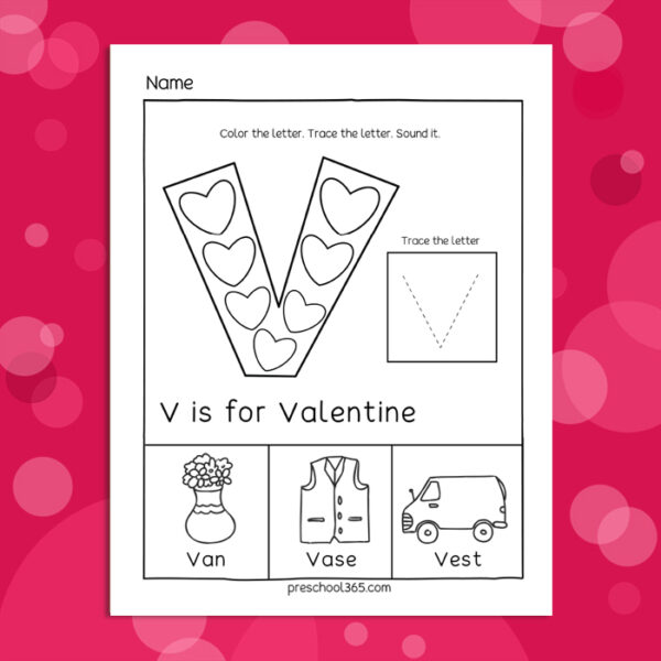 Free Letter V as in valentines activity printables for preschool