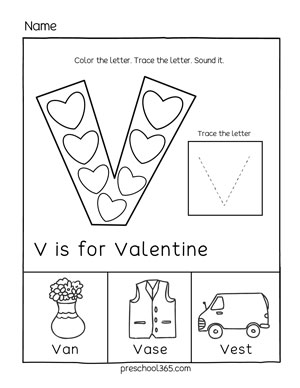 V is for valentines preschool activity sheets