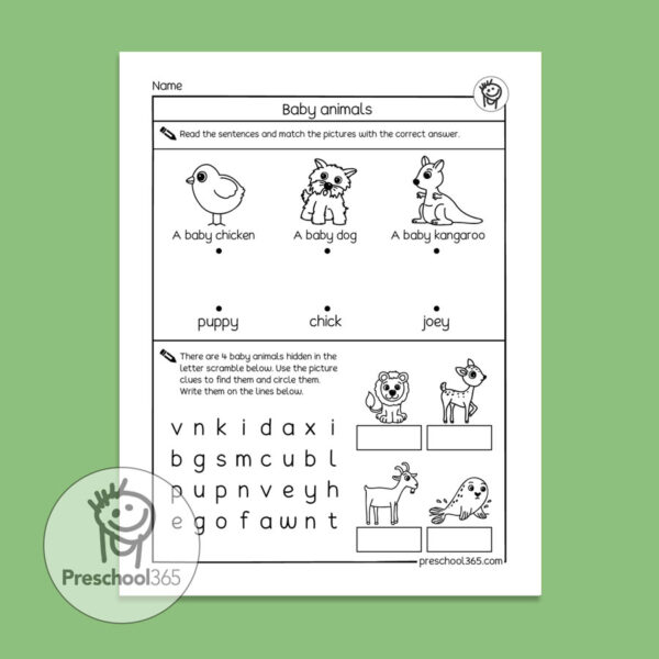 Young animals and their names activity worksheet