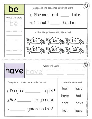 free printable kindergarten sight words worksheets pdf