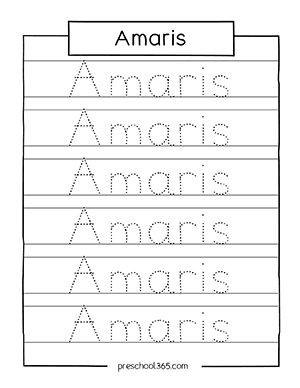 Preschool name tracing sheet Amaris