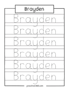 Preschool name tracing sheet Brayden