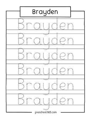 Preschool name tracing sheet Brayden