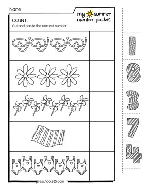 Free summer number activity for prek count and write for children