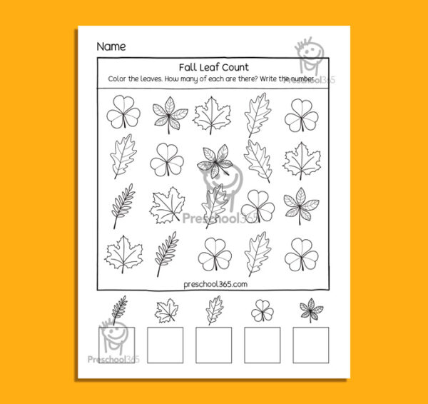 Preschool fall leaves count and tally worksheet