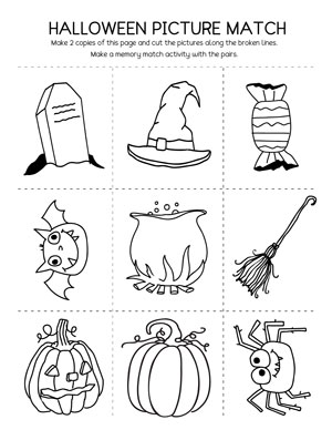 preschool Halloween memory match worksheets and printables