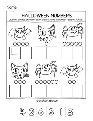preschool Halloween numbers worksheets and printables
