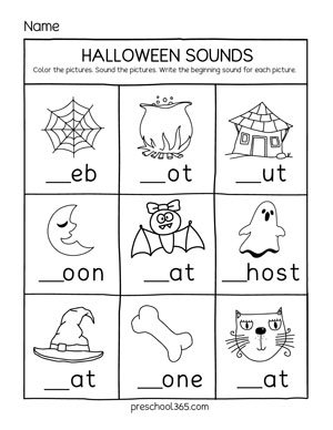 preschool Halloween letter sounds worksheets and printables