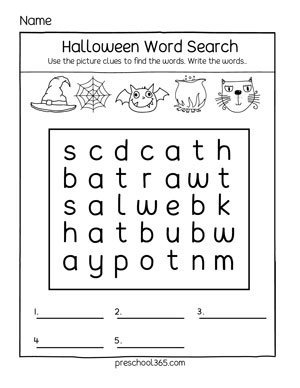 preschool Halloween Word search worksheets and printables