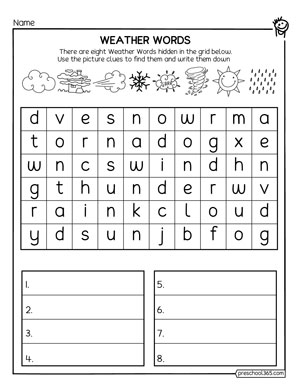 The weather crossword activity for kindergarten children