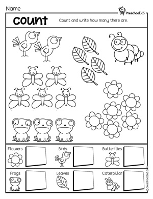 Count and write preschool spring theme worksheets