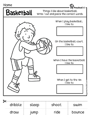 Basketball game worksheet for kindergarten kids