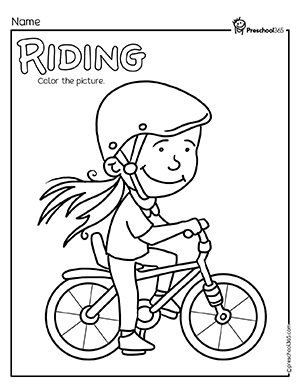 Bicycle riding coloring activity for kindergarten