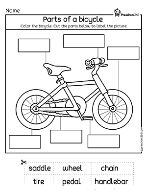 Parts of a bicycle first grade activity sheet