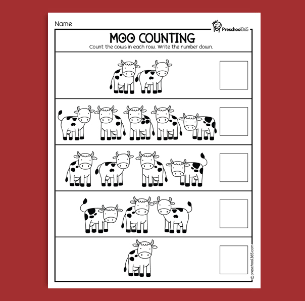 Easy cow counting activity for preschool homeschool kids