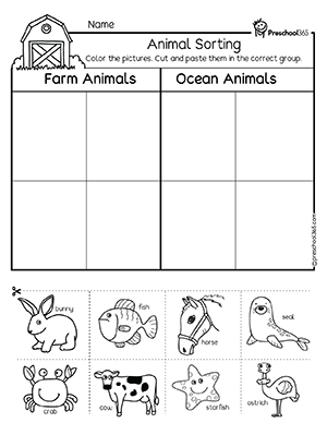 Animal sorting activity sheet for preschool homeschool