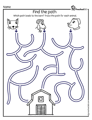 Animal farm maze worksheet for kindergarten kids