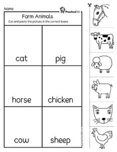 Animals on the farm preschool printable worksheet