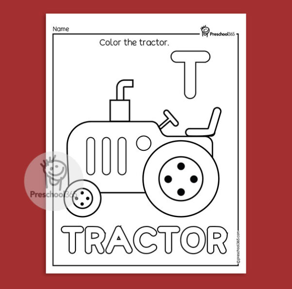T as in Tractor preschool coloring sheet