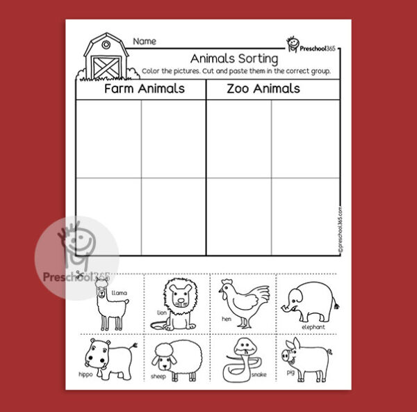 Preschool sorting animal farm worksheet