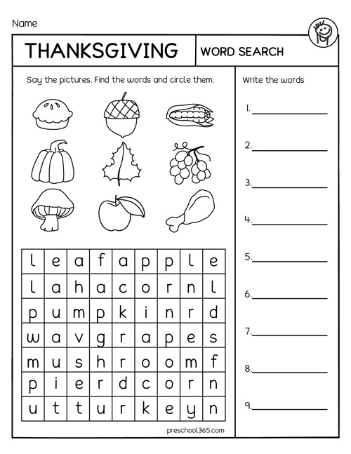 Free Word Search and grid puzzle activity sheets for kindergarten children