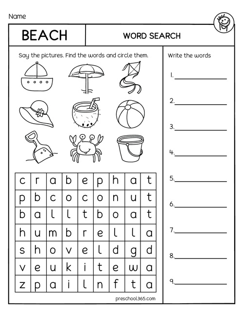 Free word search worksheet for kindergarten homeschool