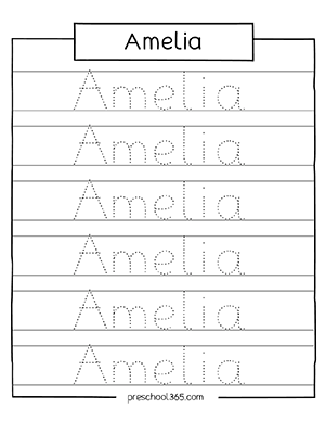 Free preschool name tracing activity amelia