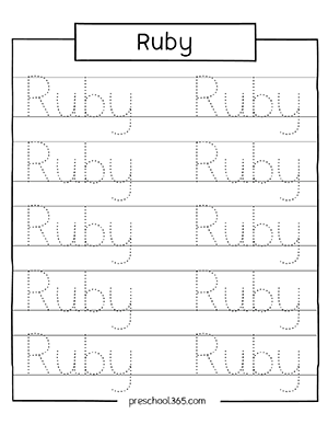 Free preK name tracing activity ruby
