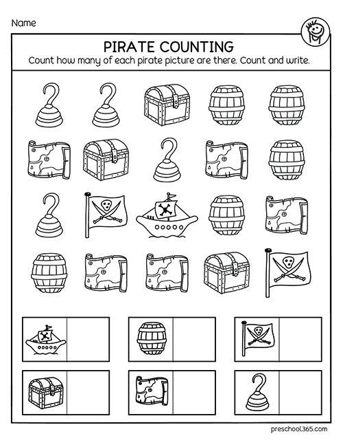 Preschool Pirate count and write activity worksheet