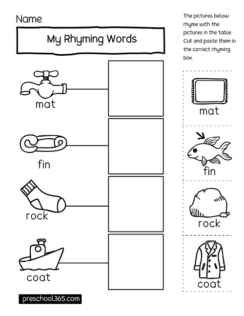 rhyming words cut and paste worksheets