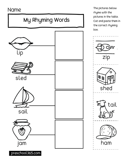 Rhyme and match activity for homeschool children