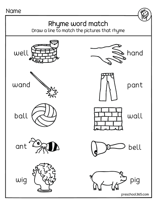 Rhyming words matching worksheet for kindergarten