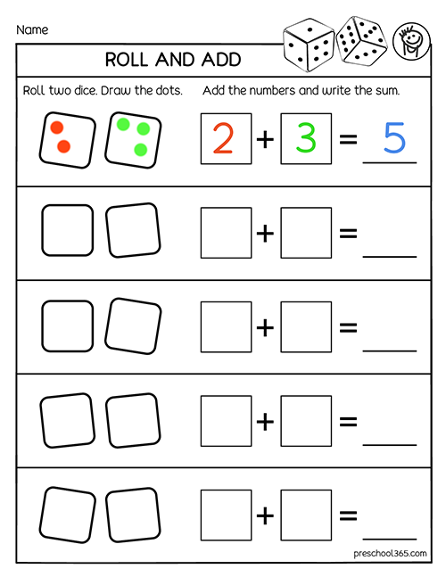 Roll and add activity printable for kids