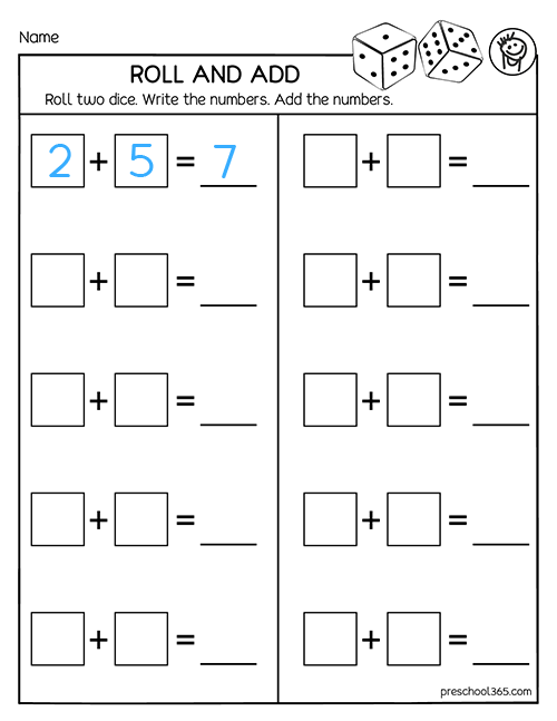 roll-dice-and-add-worksheet-for-prek-children-2 | Preschool365