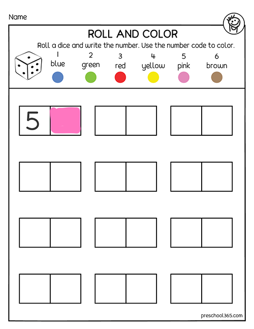 Free worksheets on Dice roll and color for prek kids