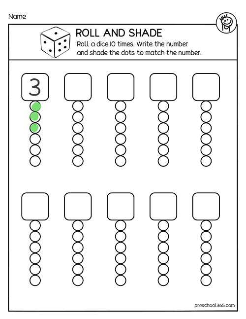 Roll and shade dice learning sheet for kids